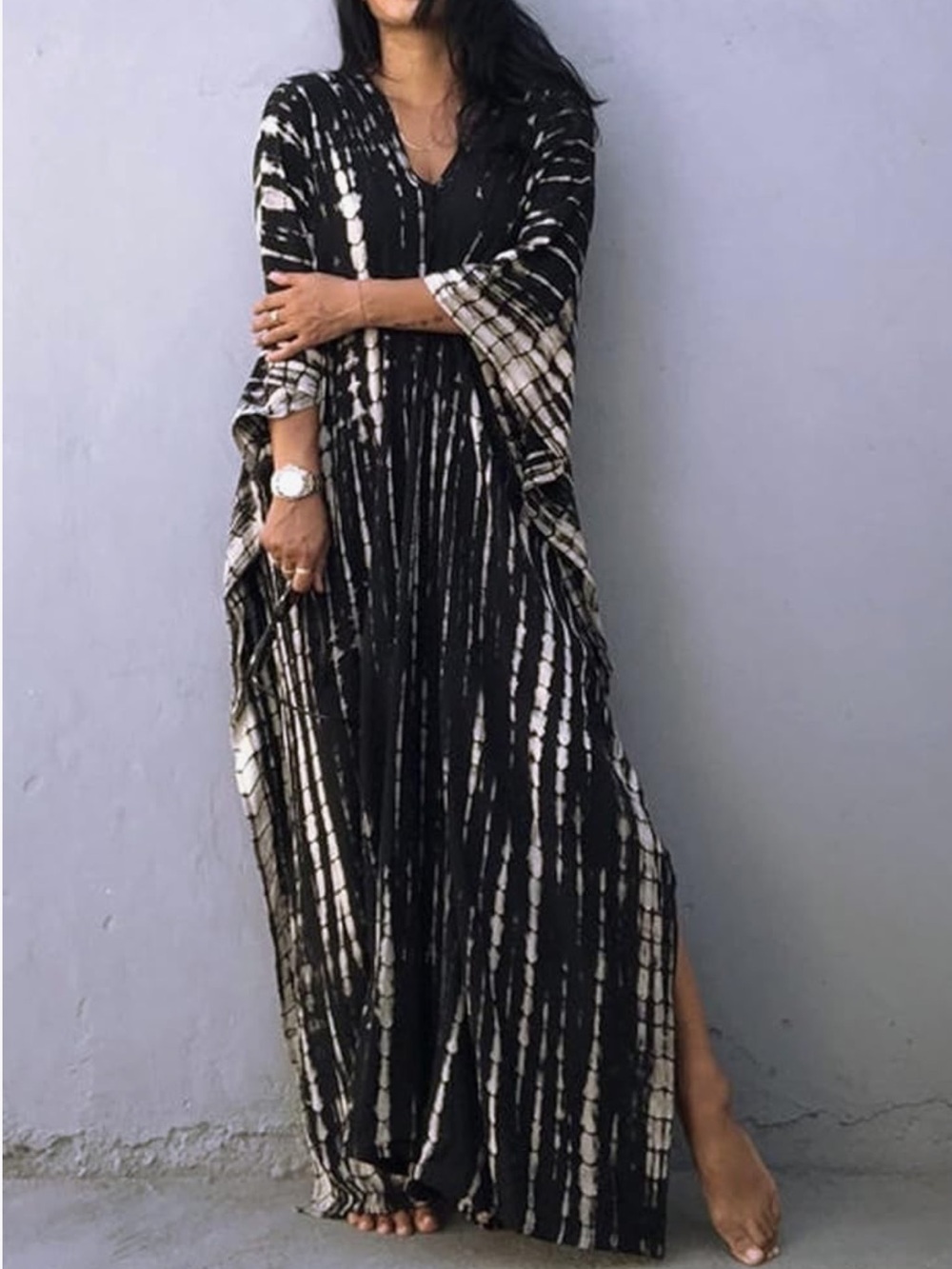 Oversized moo moo boho Tie-Dye Black & White Maxi Dress - Picture 2 of 2